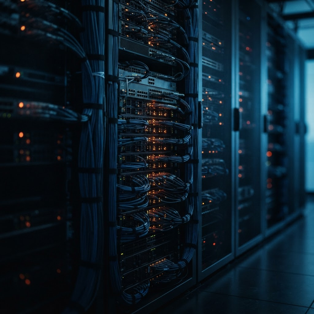 Server rack in a modern data center with network infrastructure
